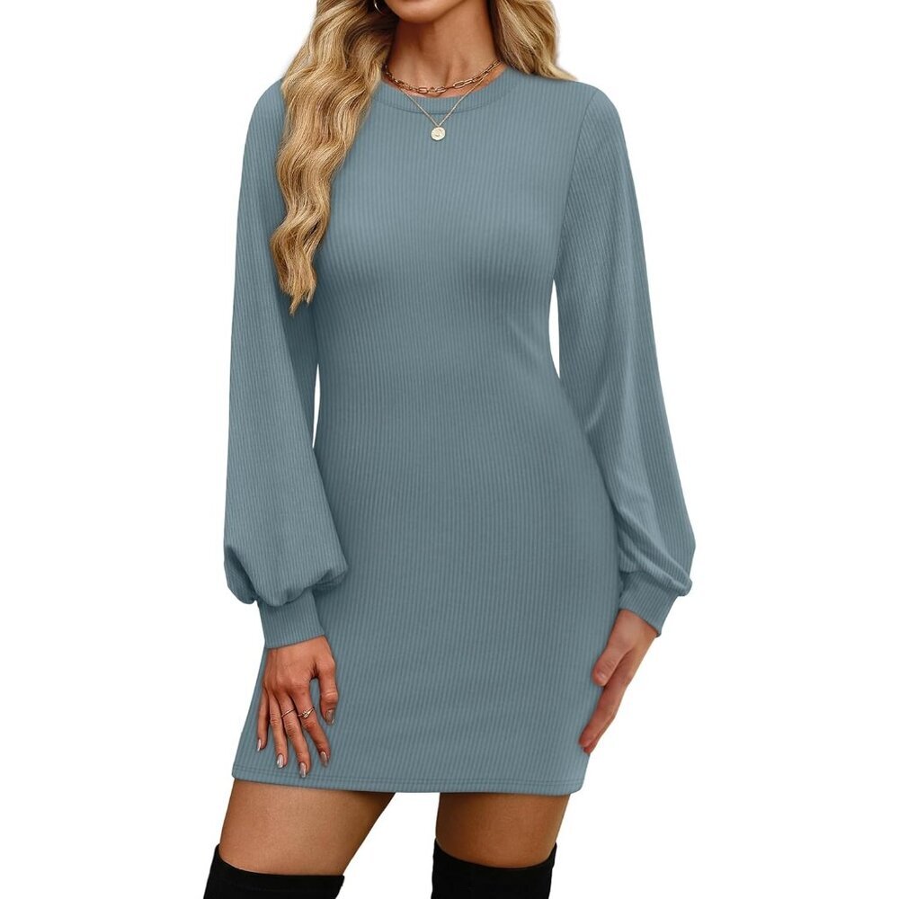 Ofeefan Women Blue Puff Long Sleeve Crewneck Bodycon Ribbed Sweater Dress